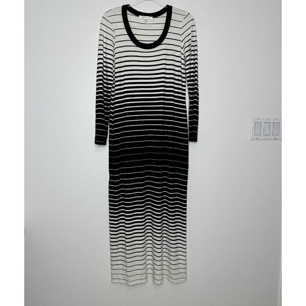 Karen Kane Maxi‎ Dress Long sleeve striped black white L Knit Slit Scoop